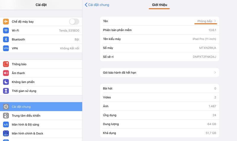 tên thiết bị trên iPad