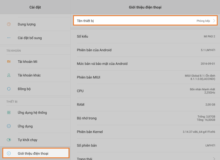 tên thiết bị trên Android