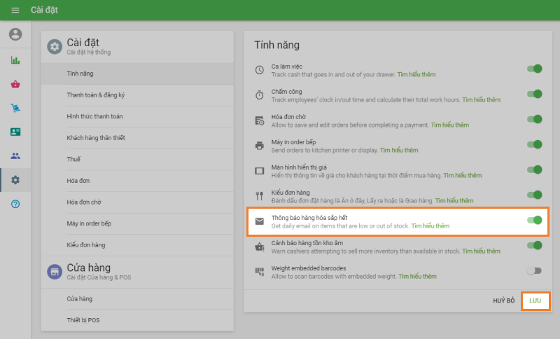 Tùy chọn 'Thông báo hàng hóa sắp hết'