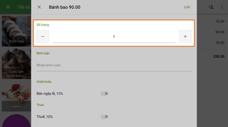 số lượng các mặt hàng