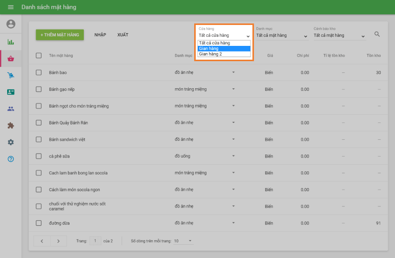Danh sách mặt hàng cho cửa hàng đã chọn