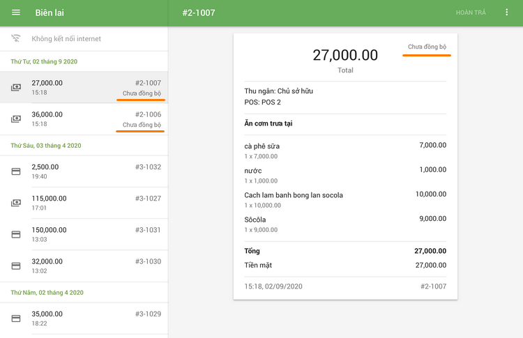 Biên nhận 'Chưa được đồng bộ hóa'