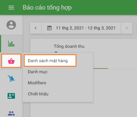 'Mục danh sách hàng' trong 'Phần Quản trị'