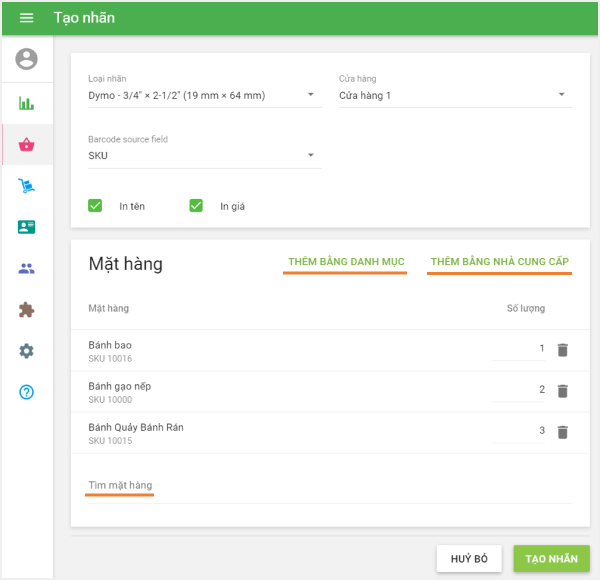 các mặt hàng cho nhãn in