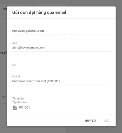 Gửi đơn đặt hàng qua email
