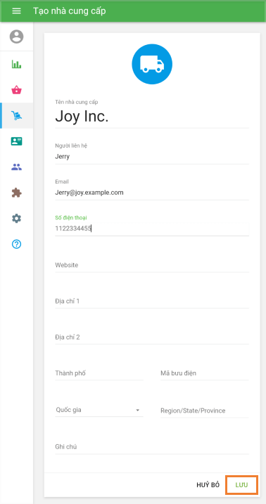 Tính năng 'Tạo nhà cung cấp'