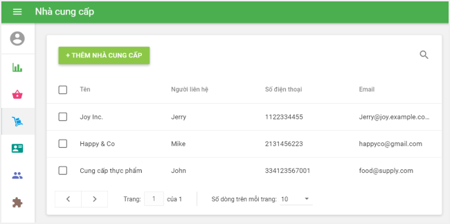 danh sách các nhà cung cấp
