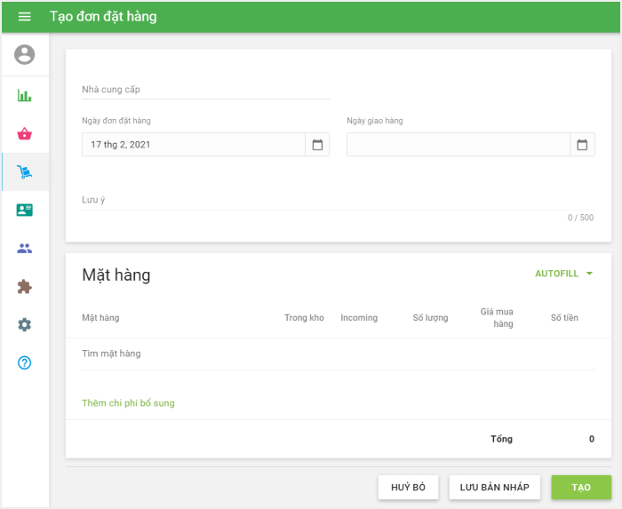 Màn hình 'tạo mua hàng'