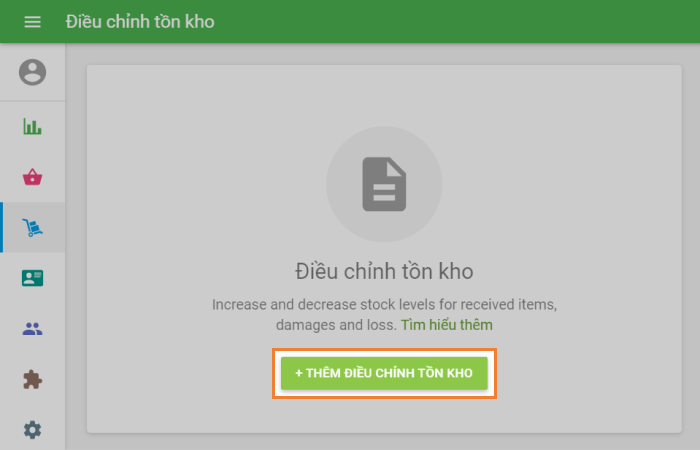 nhấp vào nút ‘+ Thêm điều chỉnh kho hàng’