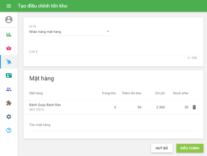 'Nhận các mặt hàng' làm lý do điều chỉnh