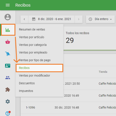 ‘Receipts’ section in the ‘Reports’ menu