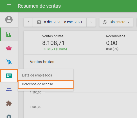  la sección 'Derechos de acceso' en el menú de Empleados