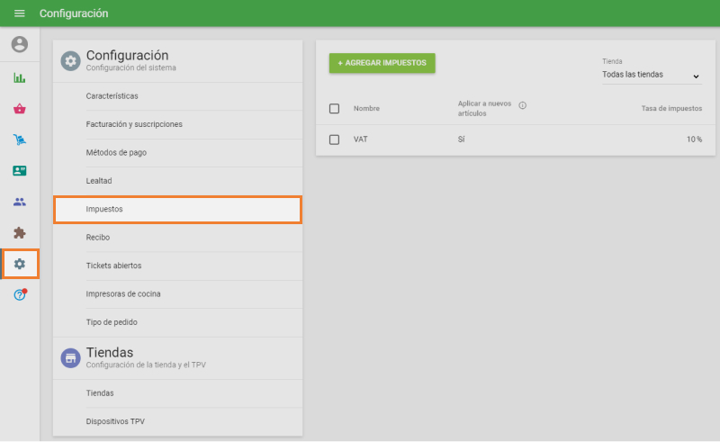 la sección de 'Impuestos' desde 'Configuración'