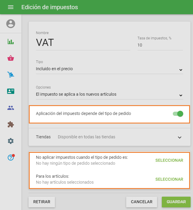  la opción 'Aplicación del impuesto depende del tipo de pedido'