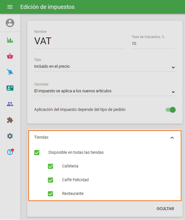 seleccionar la disponibilidad del impuesto para cada tienda