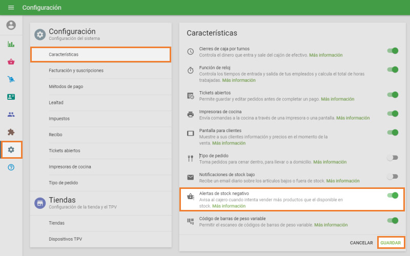 ‘Negative stock alerts’ in the General Settings