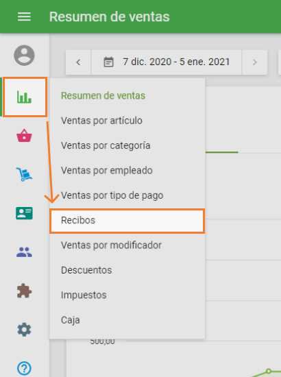 la sección 'Recibos' en el menú de 'Informes de venta'