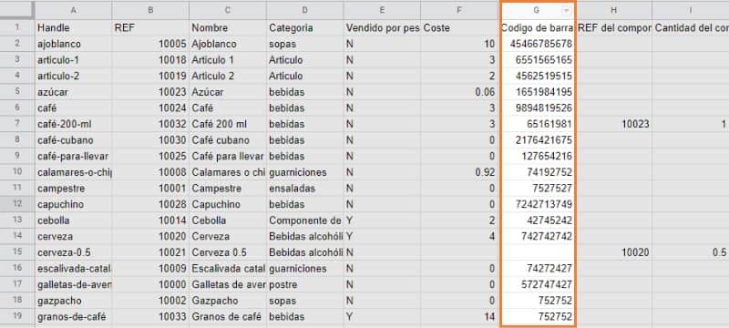 rellena la columna "código de barras"