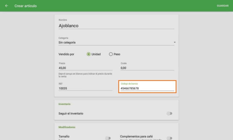 Encuentra el campo 'código de barras';