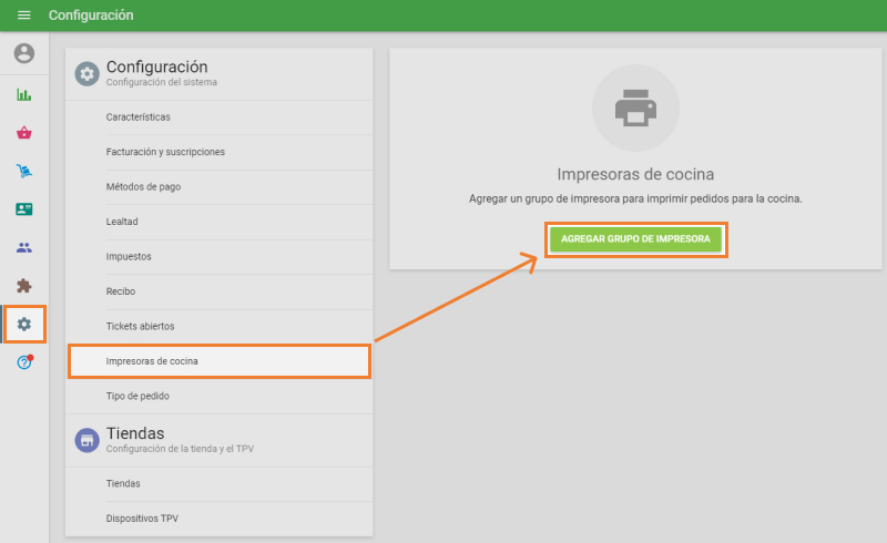 clic en el menú de Impresoras de cocina