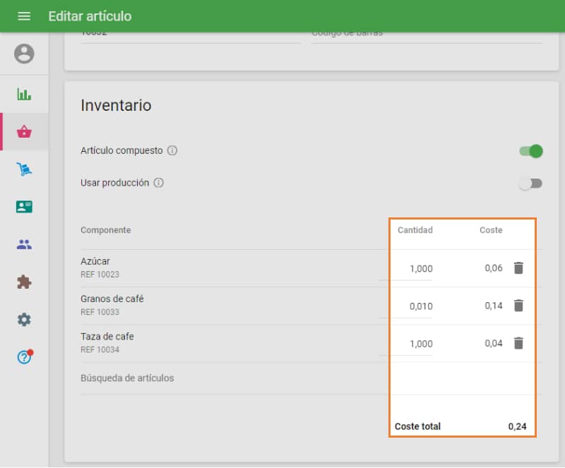la cantidad y coste de cada componente