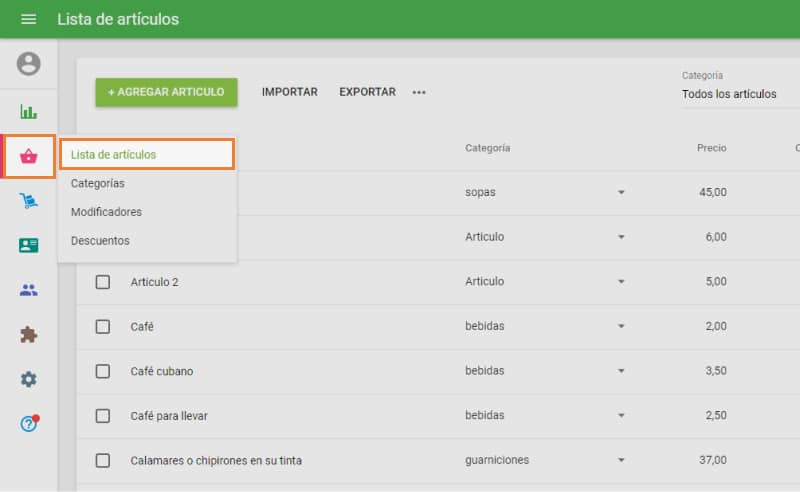 Menu 'Lista de artículos'