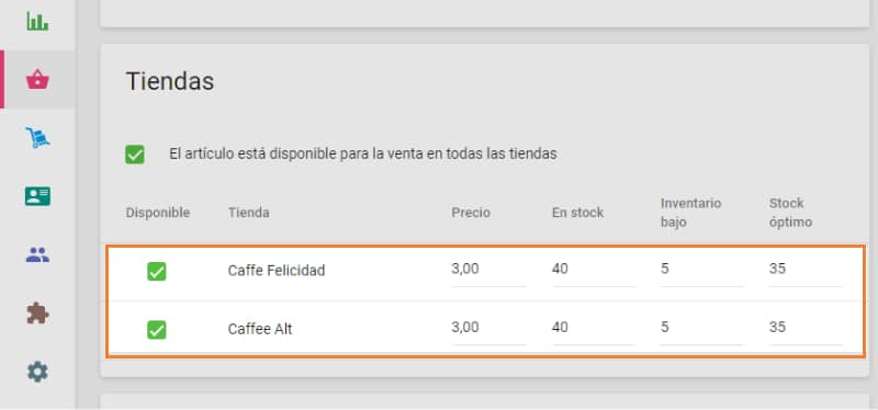 Inventario en varias tiendas