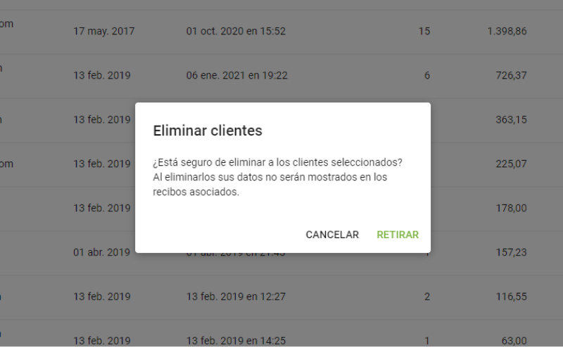 Confirmación de eliminación en la ventana abierta