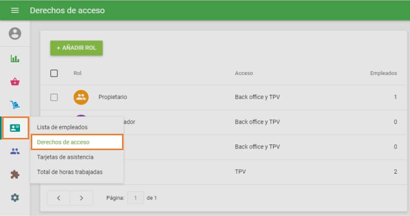 menú de "Derechos de acceso"