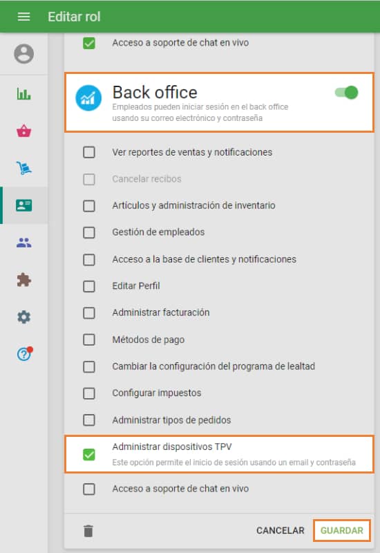 opción de 'Back Office, Administrar dispositivos TPV;'