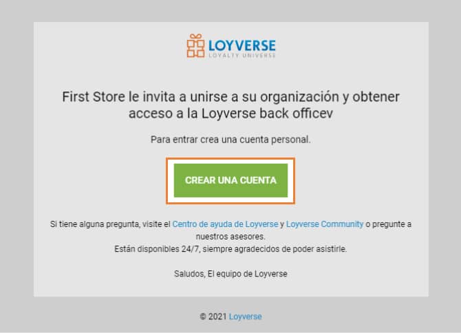 Email con invitación para obtener acceso a back office