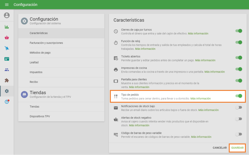 la opción de 'Tipo de pedido'