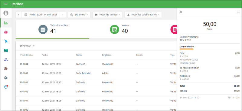 Tipos de pedido del recibo en el Back Office