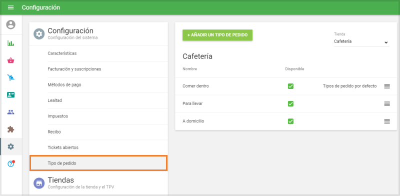 Tipos de pedidos en el menú configuración