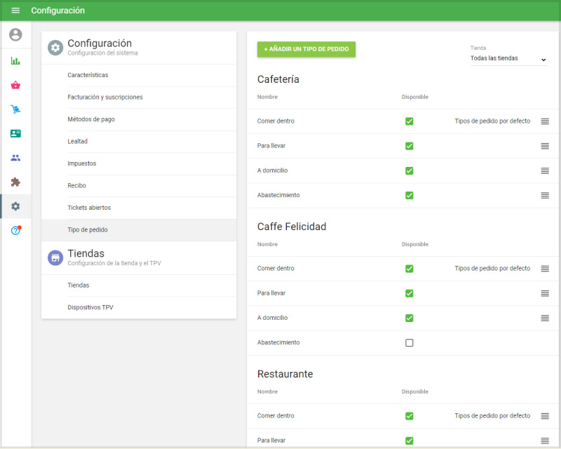 Administrar tipos de pedidos en varias tiendas