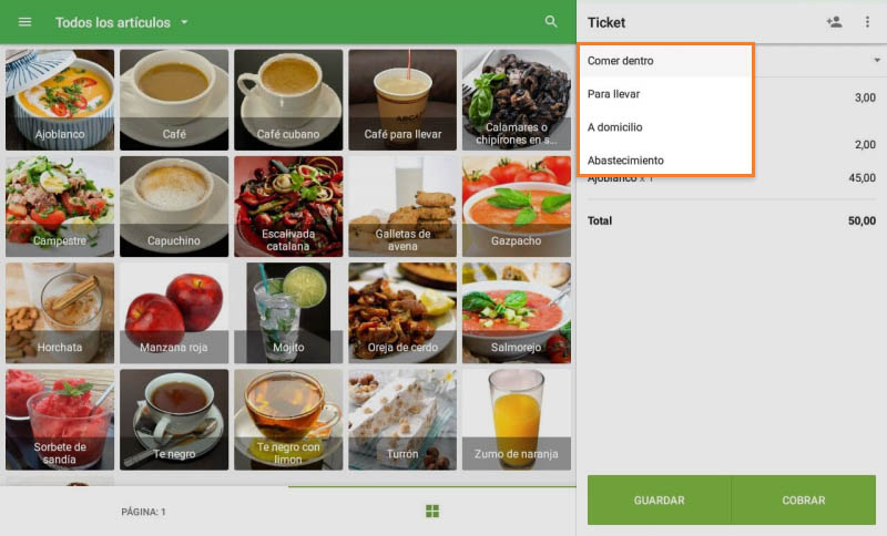 menú desplegable con las diferentes opciones