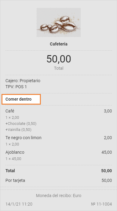 Tipos de pedido en el recibo electrónico