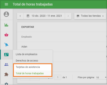 Opciones de "Tarjetas de asistencia" y "Total de horas de trabajo"