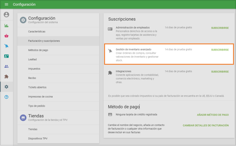 Sección 'Facturación y suscripciones'