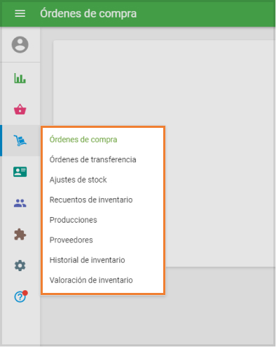 El menú de 'Administración de inventario' incluye