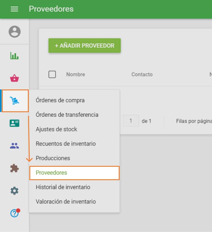 seccion 'Proveedores' en el menu de 'Administracion de inventario'