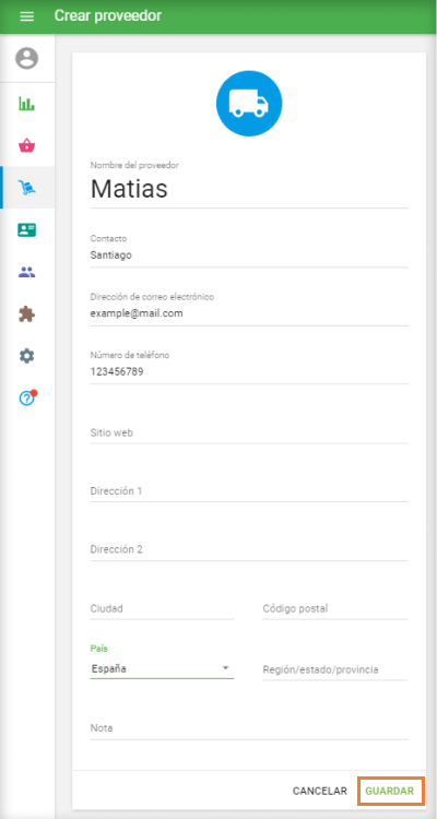 formulario 'Crear proveedor'