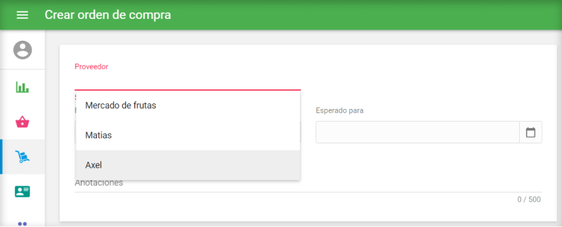 proveedor desde la lista desplegable