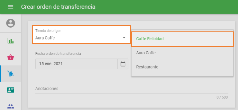 Elija la 'Tienda de origen' y 'Tienda de destino'