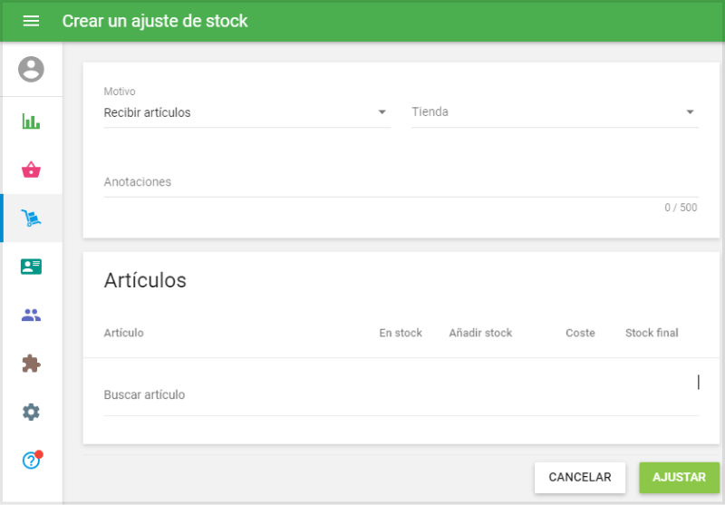 form ‘Create stock adjustment’