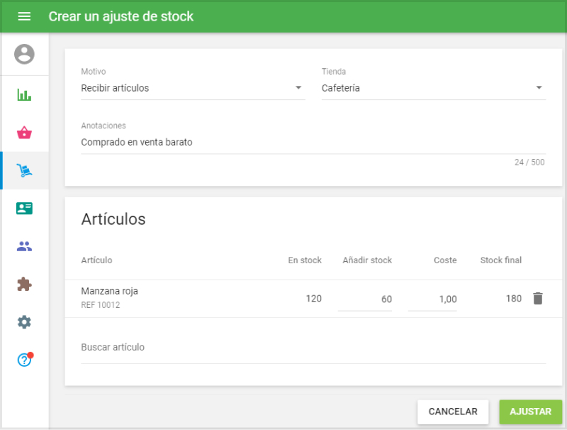 form ‘Create stock adjustment’