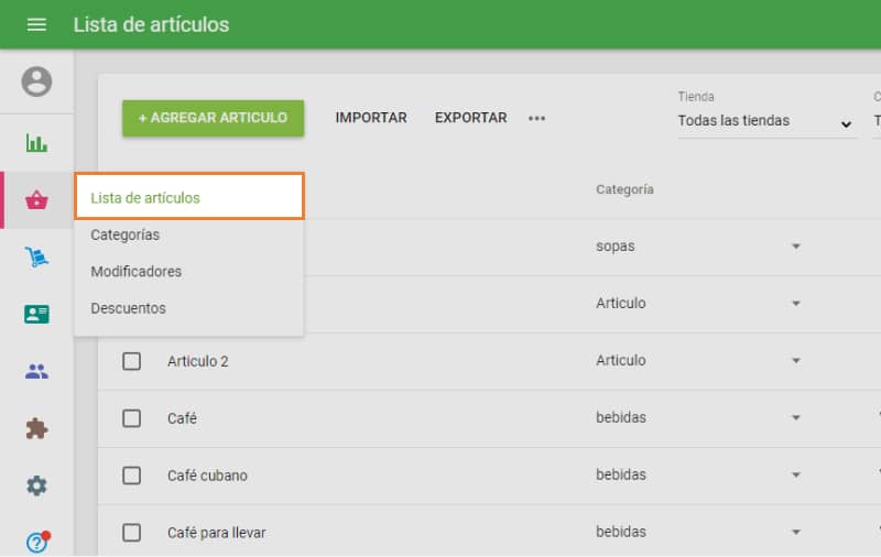 'Lista de articulos' en el Back Office