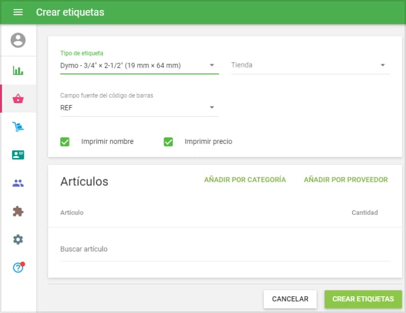 formulario 'Crear etiquetas'