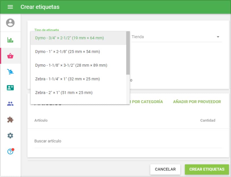 'Tipo de etiqueta' de la lista desplegable de plantillas