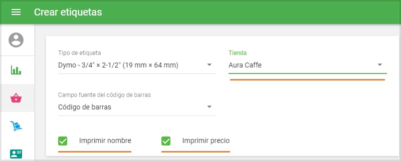 configuracion de parametros Crear etiquetas